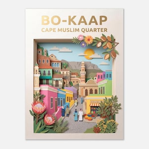 Könnte beinhalten: Ein mehrschichtiges Papierkunstwerk mit dem Bo-Kaap Cape Muslim Quarter. Das Kunstwerk zeigt farbenfrohe Gebäude, eine Moschee und Menschen, die auf einer Kopfsteinpflasterstraße gehen. Der Text "BO-KAAP CAPE MUSLIM QUARTER" ist oben zu sehen.