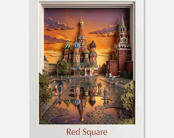 MOSCOW - Red Square Poster, St. Basil's Cathedral Wall Mural, Russia Travel Gift, 3D Paper Cut Style, Golden Hour Architectural Decor