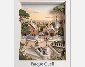 BARCELONA Park Güell Poster – 3D Paper Cut Architectural Art – Gaudí Wall Mural Spain – Gift for Travelers – 3D Effect