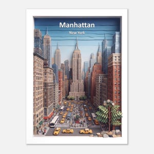MANHATTAN - United States, Travel, Poster, Print, Art, Wall Art, Paper-Cut Diorama, 12-Color Print