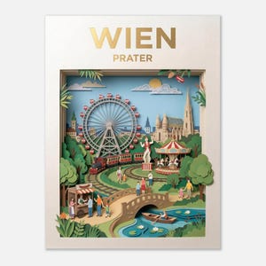 May include: A framed paper art piece featuring a detailed diorama of Vienna's Prater amusement park. The artwork includes a Ferris wheel, carousel, train, and bridge, with the words "WIEN PRATER" in gold lettering at the top.