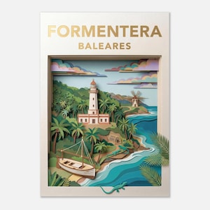 May include: A framed paper art piece depicting Formentera, Balearic Islands. The artwork features a lighthouse, boat, windmill, and palm trees. The text "FORMENTERA BALEARES" is at the top in gold lettering. The scene is layered with paper cutouts.
