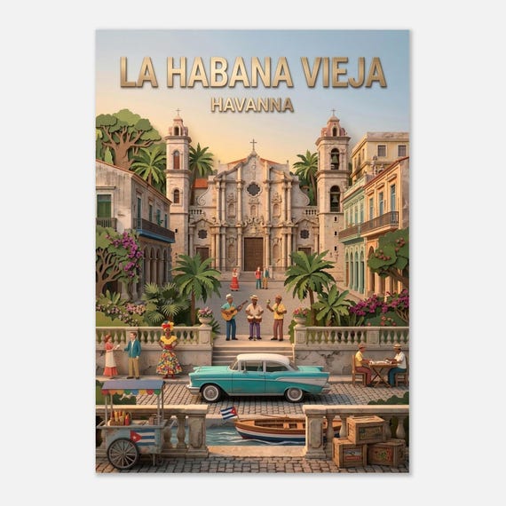 Havana Poster Cuba Wall Art - La Habana Vieja Vintage Travel Art - Paper Cut Diorama Design - Caribbean Decor