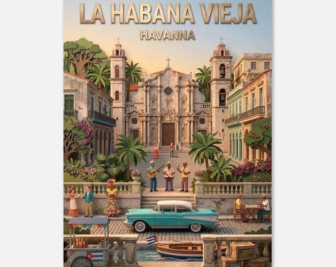 Havana Poster Cuba Wall Art - La Habana Vieja Vintage Travel Art - Paper Cut Diorama Design - Caribbean Decor