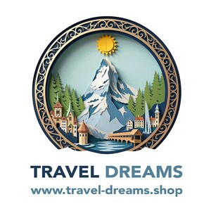 May include: A circular layered paper-cut style illustration featuring a snow-capped mountain, green pine trees, a small village with buildings, a bridge, and a yellow sun. Below the circle, the text reads TRAVEL DREAMS www.travel-dreams.shop.
