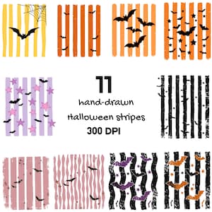 May include: A digital collection of 11 hand-drawn Halloween stripes patterns featuring bats, stars, and spiderwebs in various color palettes including orange, black, purple, and pink. The text 11 hand-drawn halloween stripes 300 DPI is centered.