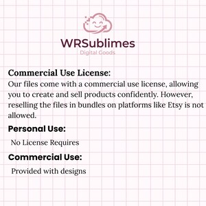 May include: A digital graphic with the text "WRSublimes Digital Goods" and information about commercial and personal use licenses. The text is on a pink grid background. The logo is a pink cloud with a smiling face.