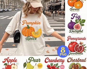 Vintage Fall Fruit PNG Bundle, Retro Autumn Harvest Clipart (8 Designs)