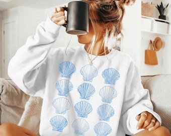 Blue Scallop Shell Pattern PNG, Hand Drawn Linocut Coastal Graphic Art (Digital Download)