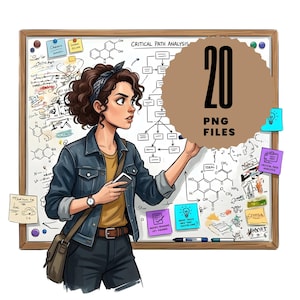 May include: Illustration of a woman in a denim jacket standing in front of a whiteboard with the text "Critical Path Analysis". The whiteboard has diagrams, sticky notes, and the text "20 PNG FILES". The woman is holding a phone.