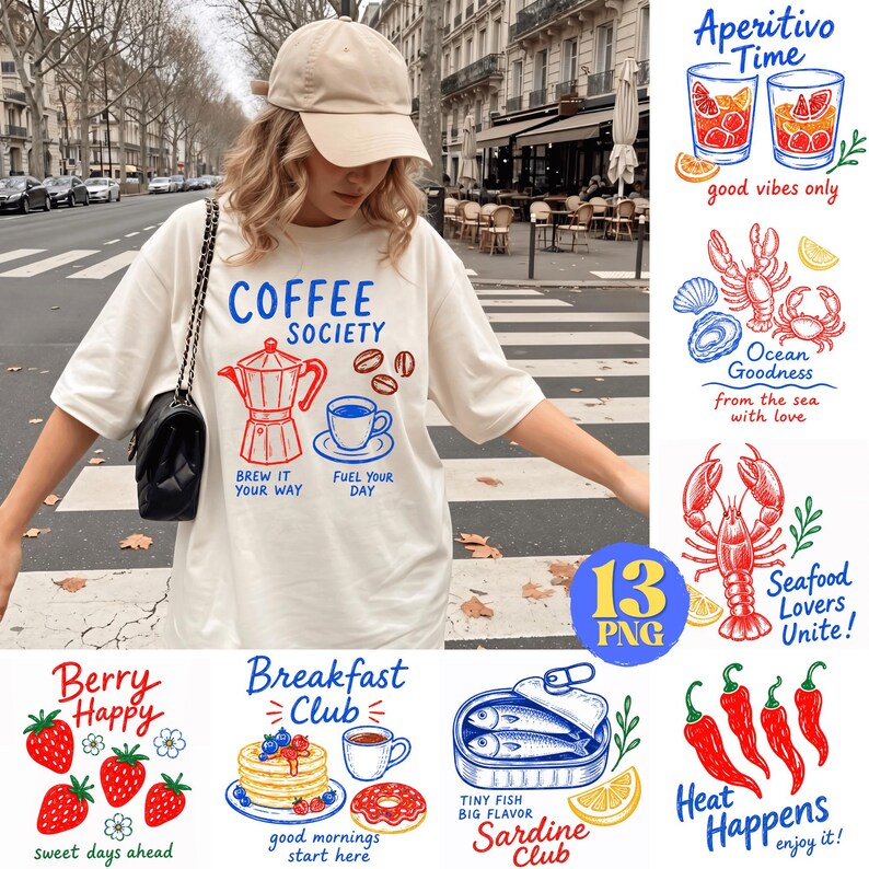 May include: An off-white t-shirt featuring a blue and red graphic print with a moka pot, coffee cup, and the text COFFEE SOCIETY BREW IT YOUR WAY FUEL YOUR DAY. The image also displays various food-themed graphic designs including seafood, fruit, and breakfast items with corresponding text.