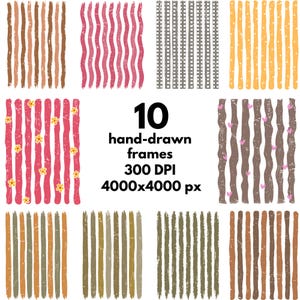 May include: A collection of 10 hand-drawn frames featuring vertical striped patterns in various colours including brown, pink, grey, yellow, and green. Some frames include small yellow flower or pink heart accents. Text reads 10 hand-drawn frames 300 DPI 4000x4000 px.