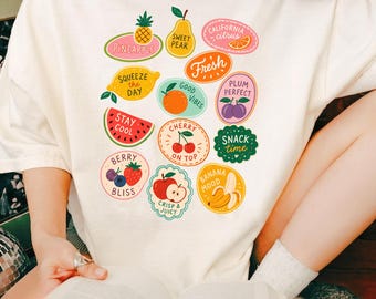Retro Summer Fruit Sticker Clipart, Preppy Foodie Graphic (Digital Download)