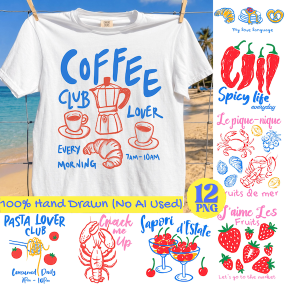Hand Drawn Summer Food Clipart Bundle, Retro European Coffee Pasta Lobster Graphics (Digital Download)
