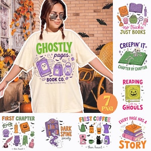 May include: A cream-coloured t-shirt featuring a graphic with the text GHOSTLY pages. BOOK CO. Every Page Has a Ghost Story. The design includes illustrations of a purple book, a shopping bag, a lantern, and small ghosts in green and purple.