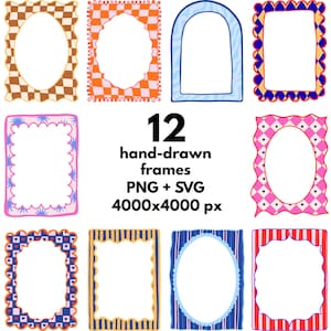 May include: A collection of 12 hand-drawn frames featuring various patterns including checkers, stripes, and geometric shapes in colors like blue, orange, pink, and red. The text 12 hand-drawn frames PNG + SVG 4000x4000 px is centered in the middle.