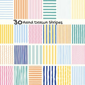 May include: A collection of 30 hand-drawn stripe patterns in various colors, including blue, orange, pink, and yellow. The stripes vary in width and style, with some straight and others wavy. The text "30 hand Drawn Stripes" is displayed.