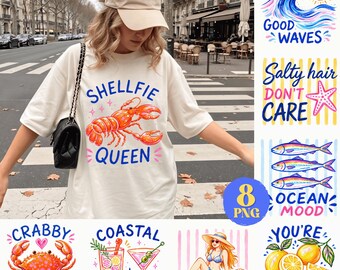Hand Drawn Summer Beach Puns Bundle, Retro Lobster Crab Designs (8 PNG, 300 DPI)