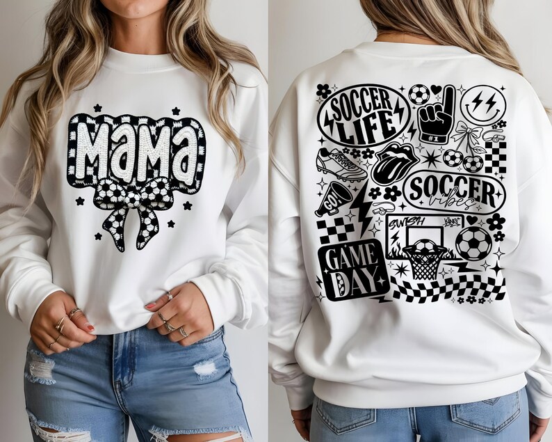 May include: White sweatshirt with a black and white soccer ball bow and the word "Mama" in a black and white checkered design. The back of the sweatshirt features soccer-themed graphics, including the words "Soccer Life" and "Game Day".