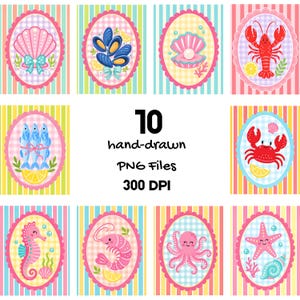 May include: A collection of 10 hand-drawn digital illustrations featuring sea creatures including a shell, mussels, pearl, lobster, fish, crab, seahorse, shrimp, octopus, and starfish, each framed in a scalloped oval on striped backgrounds.