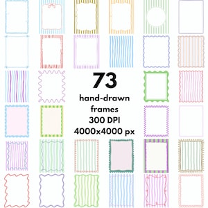 Puede incluir: Una colección de 73 marcos dibujados a mano con varios colores y patrones, incluyendo rayas, bordes festoneados y bordes sólidos. El texto 73 hand-drawn frames 300 DPI 4000x4000 px está centrado en medio de la cuadrícula de marcos.
