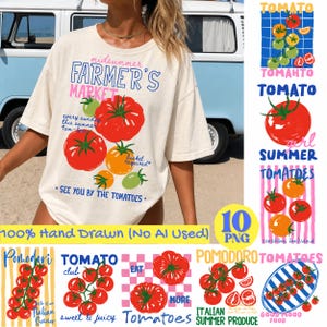 May include: A cream-colored t-shirt featuring a graphic print of various red, orange, and green tomatoes with blue and pink text that reads Farmer's Market, midsummer, every sunday this summer 9am-1pm, basket required, and see you by the tomatoes.