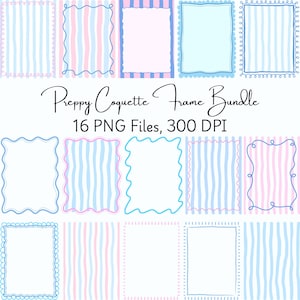 Trendy Coquette Frame Bundle, 16 PNG Doodle Borders, Preppy Scalloped Sublimation Art, Pink and Blue Striped Frames, Instant Download