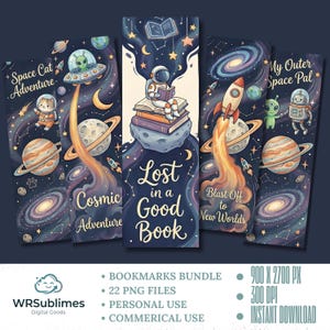 May include: A set of five space-themed bookmarks. Each bookmark has a unique design with planets, rockets, aliens, and astronauts. The central bookmark reads "Lost in a Good Book." The colour palette includes blues, oranges, and purples.