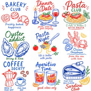 May include: A collection of nine food and drink themed illustrations featuring hand-drawn sketches of bakery items, pasta dishes, oysters, seafood, coffee, cocktails, and sardines. Each section includes colorful text labels like Bakery Club, Pasta Night, and Sardine Club.