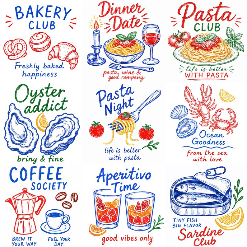 May include: A collection of nine food and drink themed illustrations featuring hand-drawn sketches of bakery items, pasta dishes, oysters, seafood, coffee, cocktails, and sardines. Each section includes colorful text labels like Bakery Club, Pasta Night, and Sardine Club.