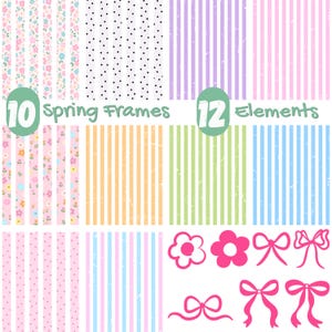 May include: A digital collection of spring-themed graphics. The image displays ten patterned frames and twelve elements, including flowers and bows. The frames feature designs like stripes, polka dots, and floral patterns in pastel colours.