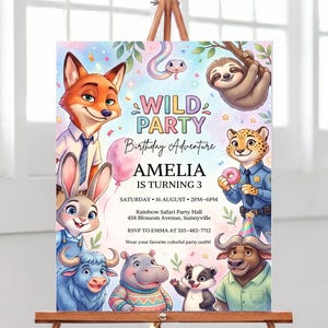 Può includere: Un colorato invito per una festa di compleanno con personaggi di Zootropolis. L'invito include il testo "Wild Party Birthday Adventure" e i dettagli per il 3° compleanno di Amelia, tra cui data, ora e luogo.