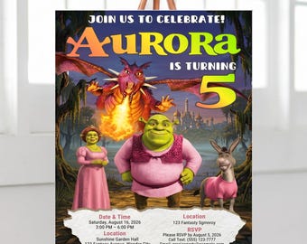 Puede incluir: Una colorida invitación de fiesta en un caballete. La invitación presenta el texto "Aurora cumple 5 años" con ilustraciones de personajes de la película Shrek. También se incluyen la fecha, la hora, el lugar y la información de confirmación de asistencia.