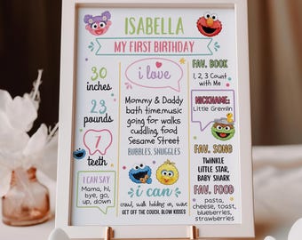 Puede incluir: Un cartel de cumpleaños con marco blanco que presenta personajes de Sesame Street, el nombre Isabella y texto sobre hitos del primer cumpleaños, incluyendo 30 inches, 23 pounds, 7 dientes, libros, canciones, comidas, apodos y logros.