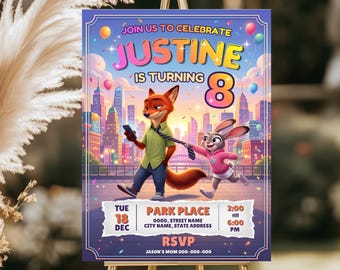 Puede incluir: Una invitación de fiesta en un caballete presenta a los personajes Nick Wilde y Judy Hopps de Zootopia. La invitación dice: "Únete a nosotros para celebrar que Justine cumple 8 años". Los detalles del evento se enumeran a continuación.