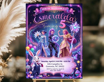 Puede incluir: Una invitación de fiesta en un caballete. La invitación presenta el texto "Join Us To Celebrate" y "Esmeralda cumple 5". El diseño incluye ilustraciones de tres mujeres, un conejo y gráficos coloridos. También se incluyen los detalles del evento.