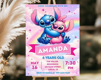 Invitación de cumpleaños de Lilo & Stitch, plantilla editable de Canva, invitación para fiesta infantil (descarga digital)