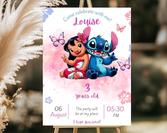Invitación de cumpleaños de Lilo & Stitch, plantilla editable de Canva, invitación para fiesta infantil (plantilla digital)