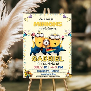 Invito di compleanno a tema Minions, modello modificabile su Canva (5 x 7 pollici)