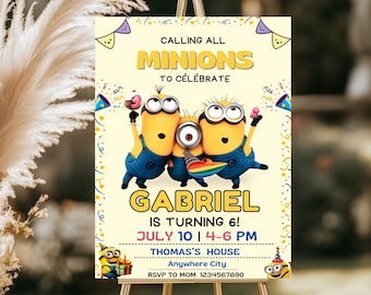 Plantilla de invitación de cumpleaños de Minions, invitación editable en Canva (5 x 7 pulgadas)