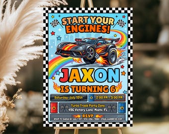 Puede incluir: Una invitación de fiesta con un diseño de coche de carreras de dibujos animados, llamas y un arcoíris. El texto dice "START YOUR ENGINES!" y "JAXON IS TURNING 6". La invitación incluye detalles del evento e información de RSVP.