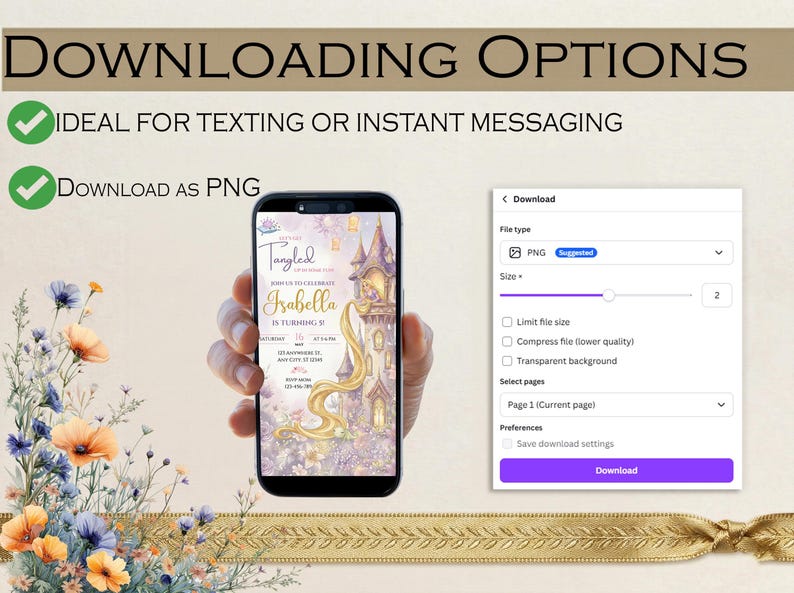 a hand holding a smartphone with a colorful and whimsical wallpaper, along with text indicating that the image is intended for texting or instant messaging and should be displayed as a PNG.