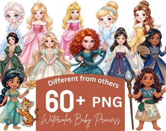 Puede incluir: Ilustraciones en acuarela de varias princesas bebés con vestidos y trajes coloridos. La imagen incluye el texto "Different from others" y "60+ PNG Watercolor Baby Princess".