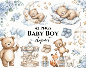 Puede incluir: Ilustraciones en acuarela de imágenes prediseñadas con temática de bebé. Incluye un oso de peluche durmiendo en una luna creciente, un carrusel, un zorro, un cordero y el texto "42 PNGS BABY BOY clipart."
