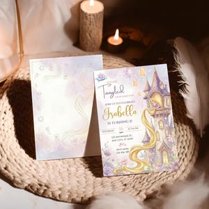 A birthday invitation for a girl named Isabella, featuring a castle and a fairy tale theme, with candles and a woven mat in the background.