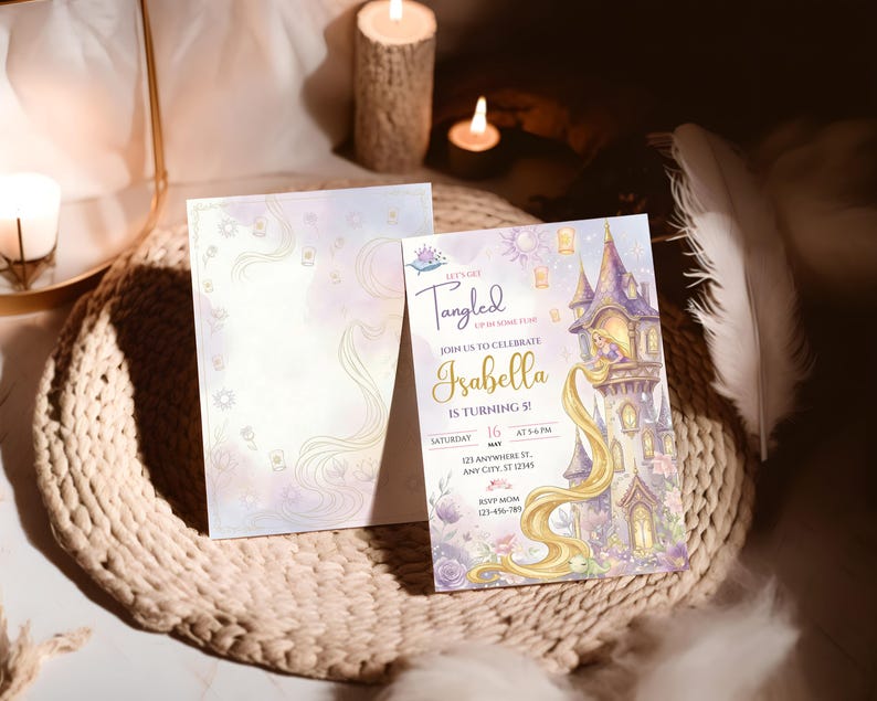 A birthday invitation for a girl named Isabella, featuring a castle and a fairy tale theme, with candles and a woven mat in the background.