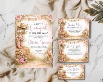 Paquete de invitaciones para baby shower: estilo vaquera del oeste (editable, flores rosas) DEU002