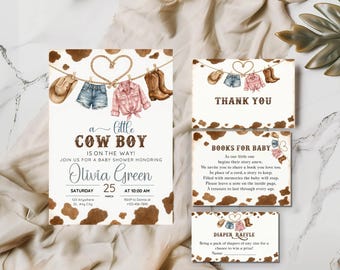 Paquete de invitaciones para baby shower con temática vaquera del oeste - Diseño de rodeo marrón editable, DEU003