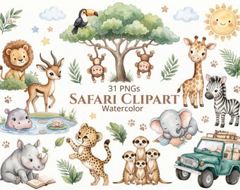 Puede incluir: Ilustración en acuarela de animales de safari, incluyendo un león, una jirafa, una cebra y un guepardo. La imagen incluye un jeep, un árbol y el texto "SAFARI CLIPART". El estilo es caprichoso y colorido.