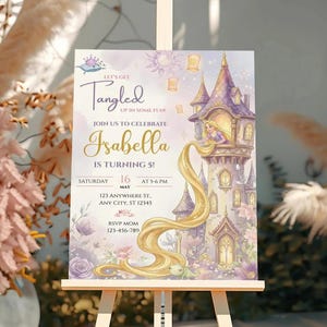 The image is a birthday invitation for a girl named Isabella, who is turning six years old. The invitation is set against a backdrop of a castle and flowers, creating a whimsical and enchanting atmosphere.
